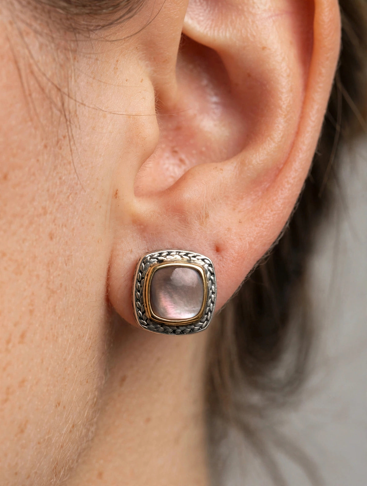 Mother of Pearl Omega Back Earrings — Sterling Silver & 14K Gold
