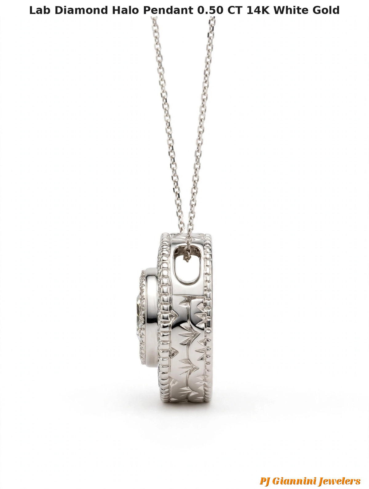 14K White Gold Lab Diamond Halo Pendant Necklace, 0.50 CT