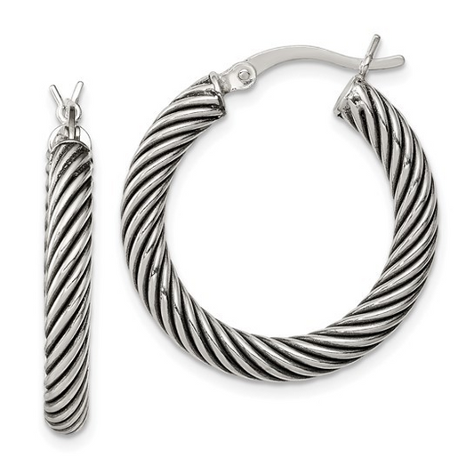 Sterling Silver Antiqued 3.25x25mm Twisted Hoop Earrings (Size 2)