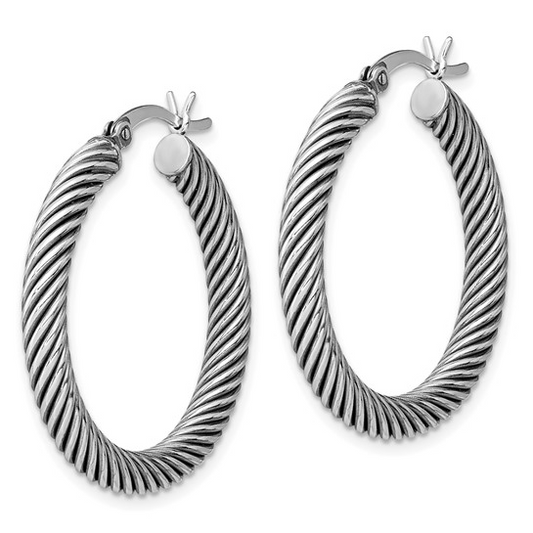 Sterling Silver Antiqued 3.25x30mm Twisted Hoop Earrings (Size 3)