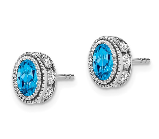 14k White Gold Oval Blue Topaz and Diamond Earrings