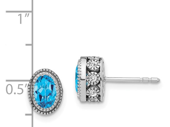 14k White Gold Oval Blue Topaz and Diamond Earrings