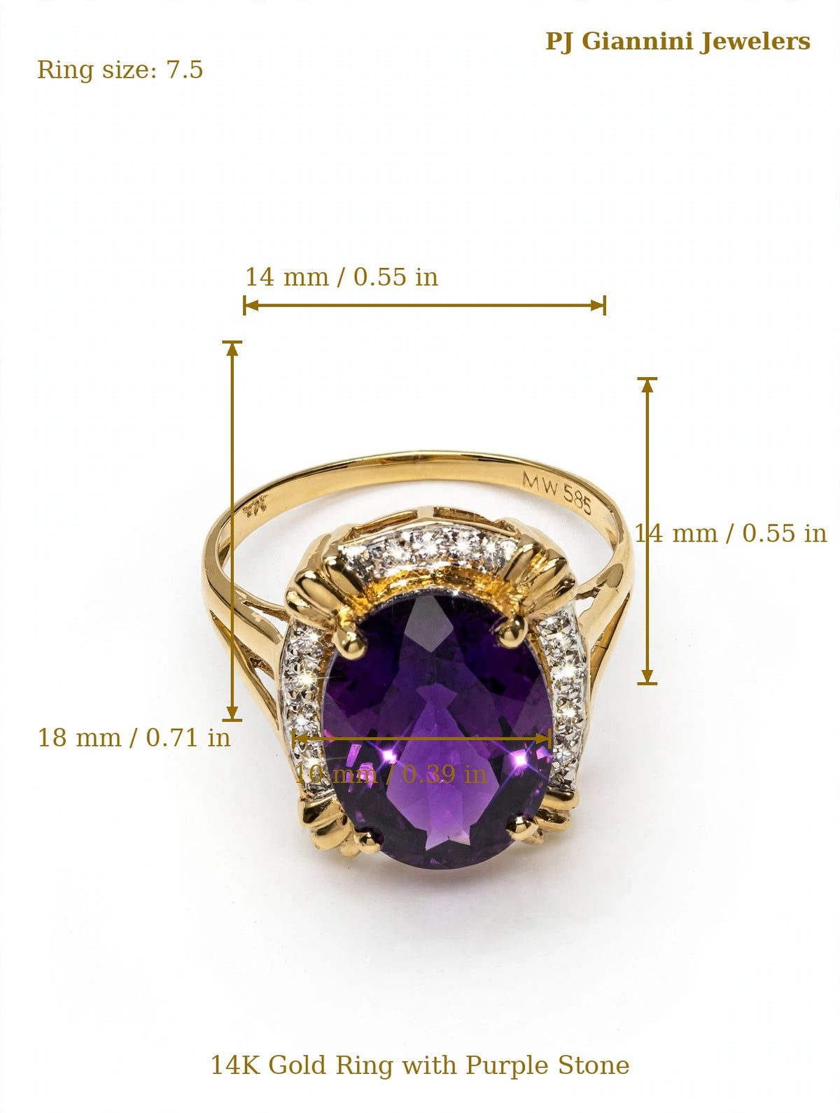 14K Yellow Gold Amethyst Ring — Diamond Accents