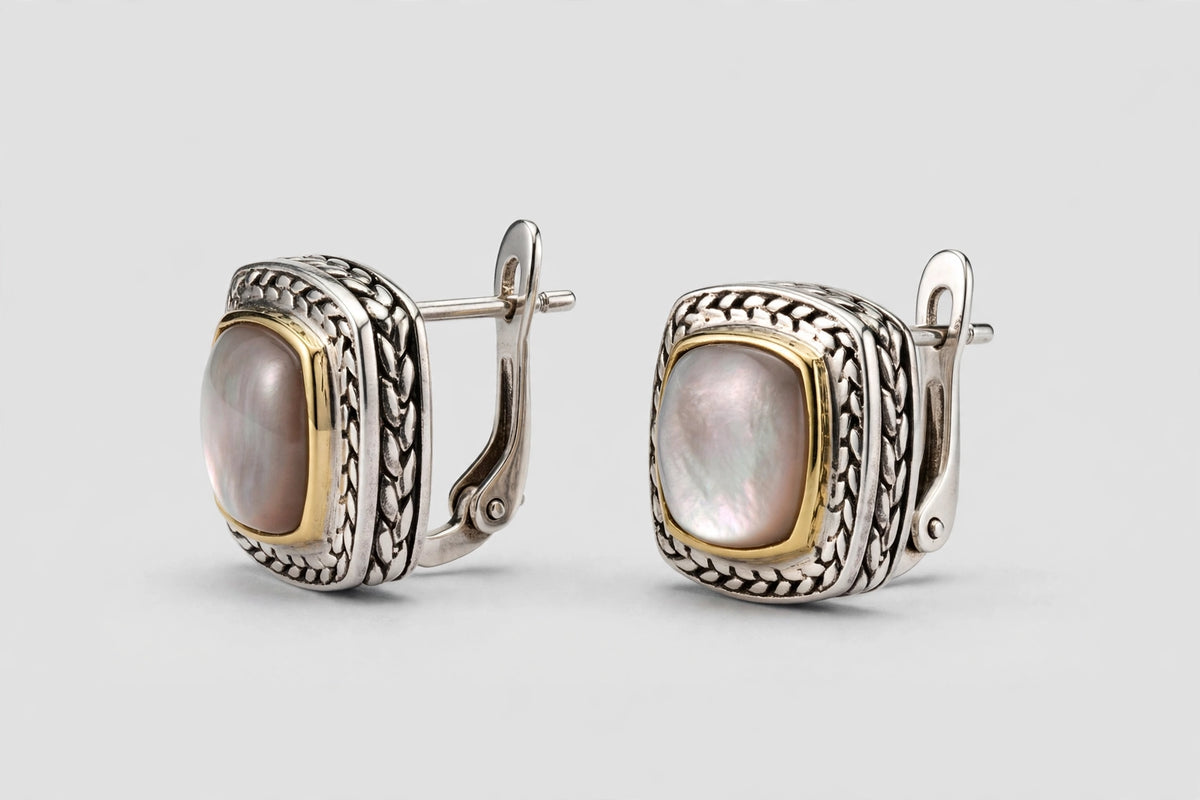 Mother of Pearl Omega Back Earrings — Sterling Silver & 14K Gold