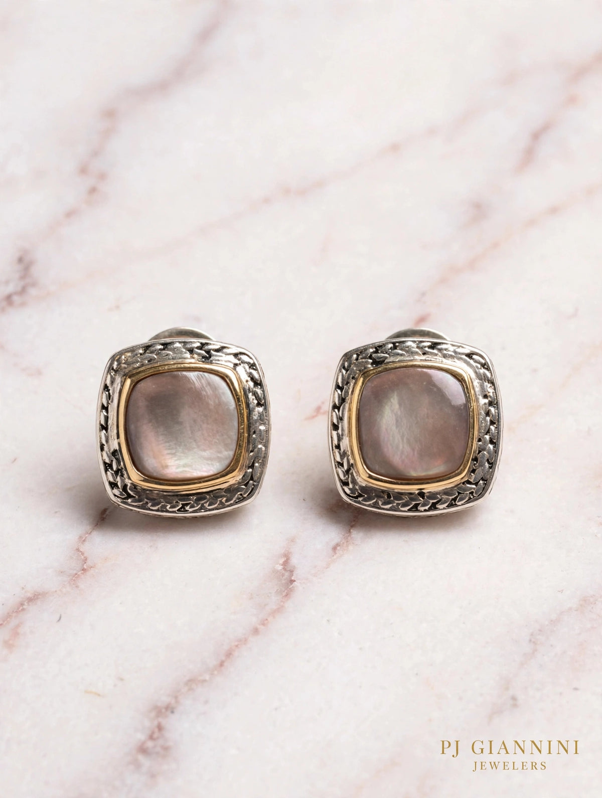 Mother of Pearl Omega Back Earrings — Sterling Silver & 14K Gold