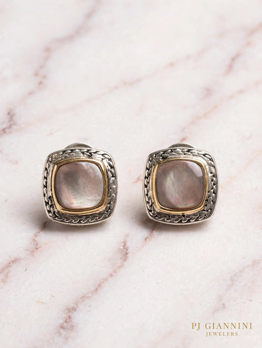 Mother of Pearl Omega Back Earrings — Sterling Silver & 14K Gold
