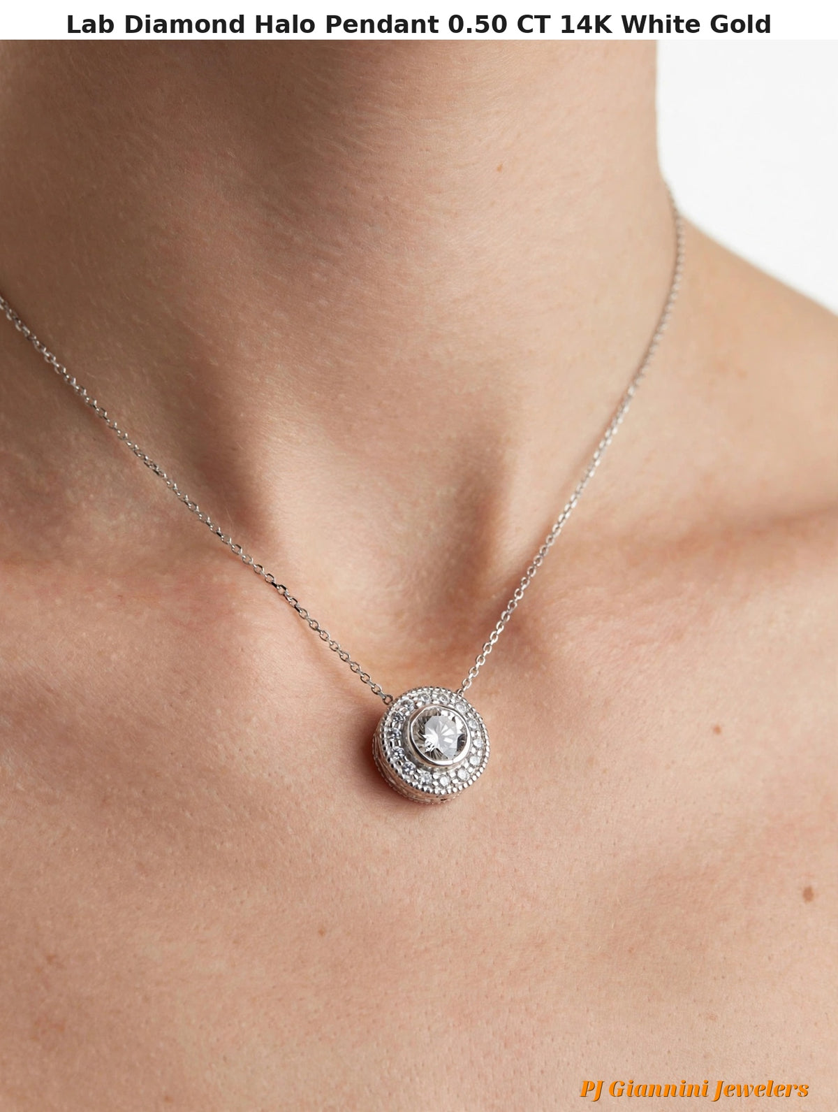 14K White Gold Lab Diamond Halo Pendant Necklace, 0.50 CT