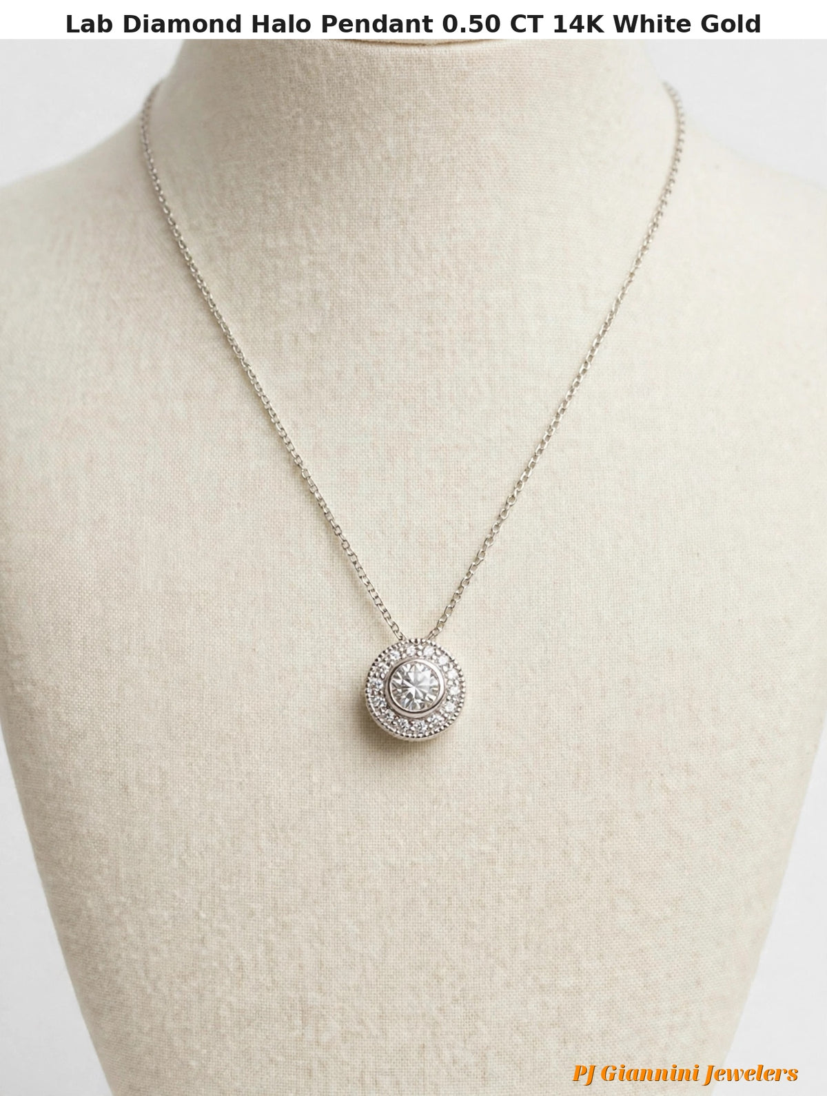 14K White Gold Lab Diamond Halo Pendant Necklace, 0.50 CT