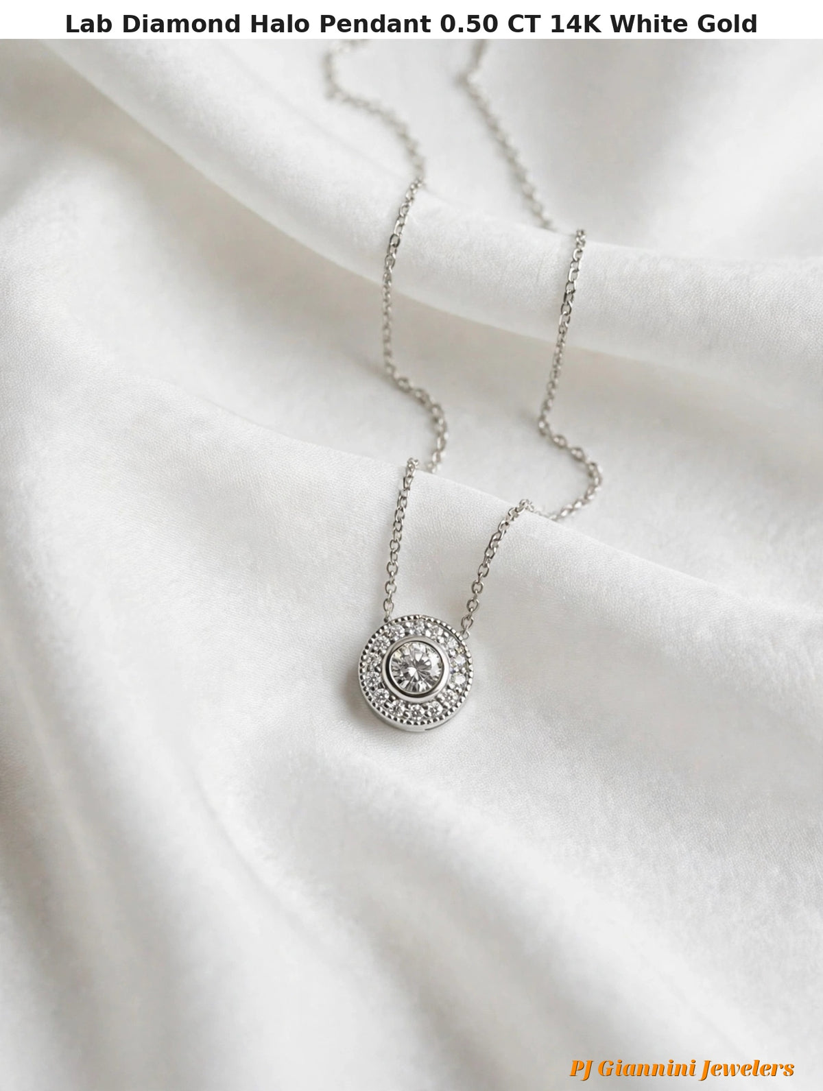 14K White Gold Lab Diamond Halo Pendant Necklace, 0.50 CT