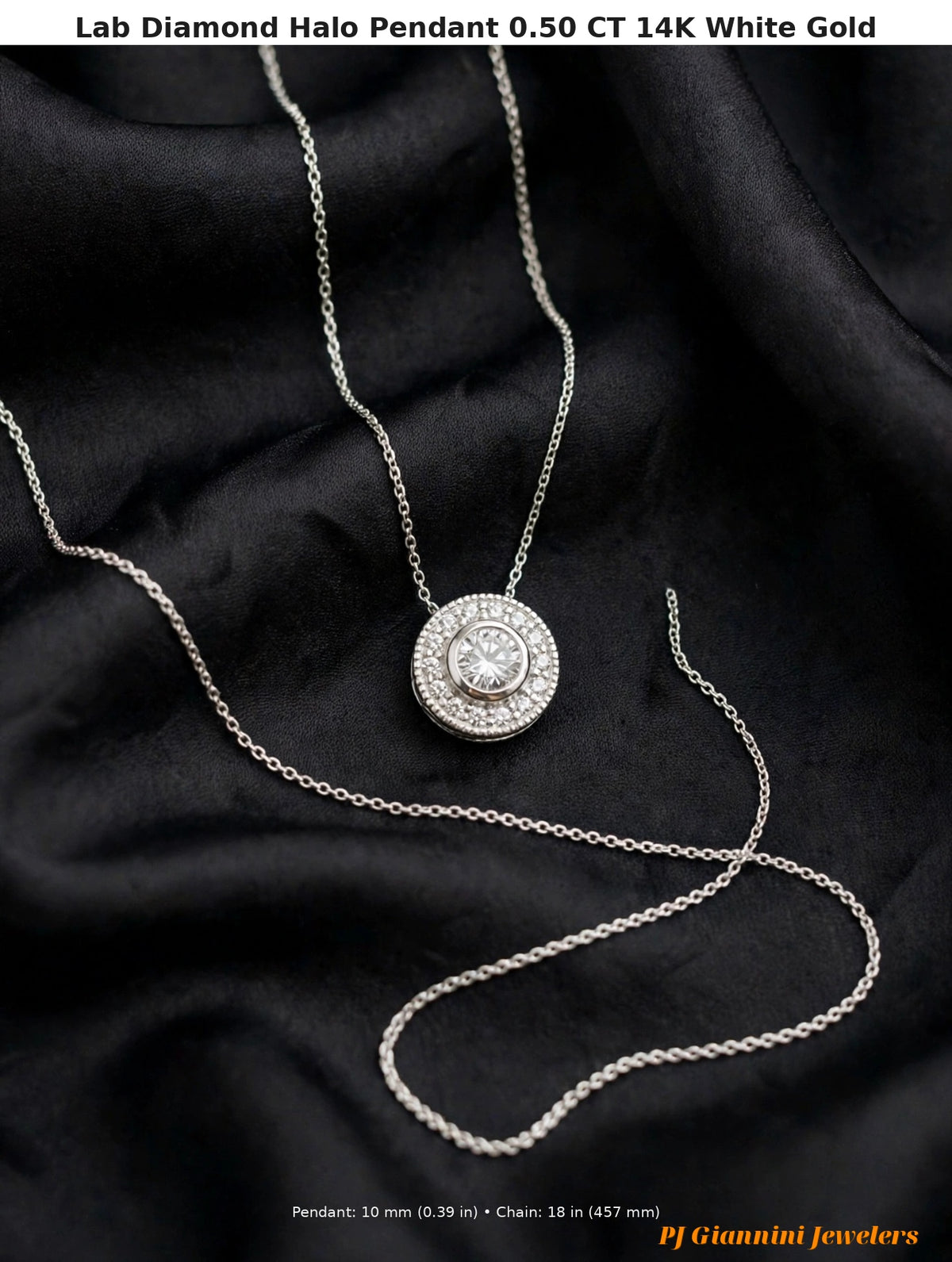 14K White Gold Lab Diamond Halo Pendant Necklace, 0.50 CT