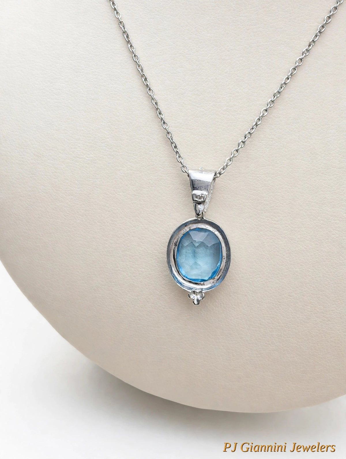 14K Gold Blue Topaz Oval Bezel Pendant Necklace — 18 in Sterling Silver Chain