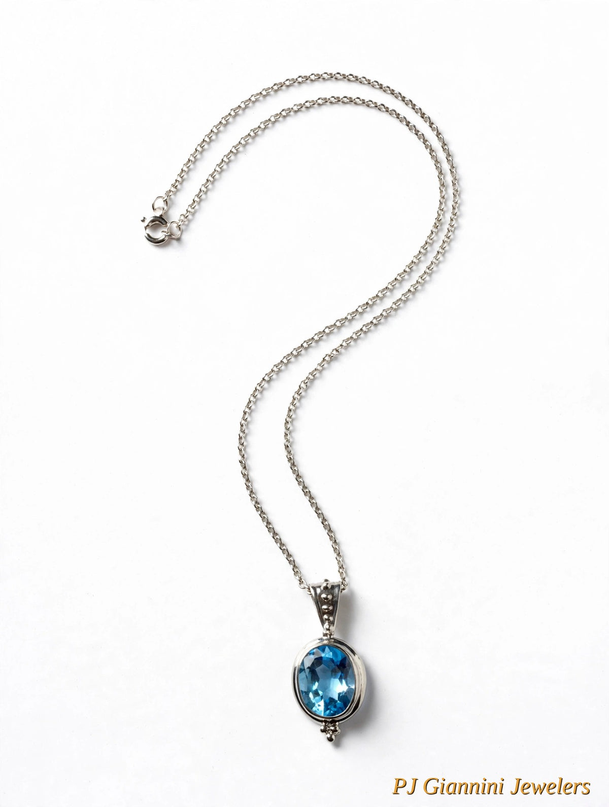 14K Gold Blue Topaz Oval Bezel Pendant Necklace — 18 in Sterling Silver Chain