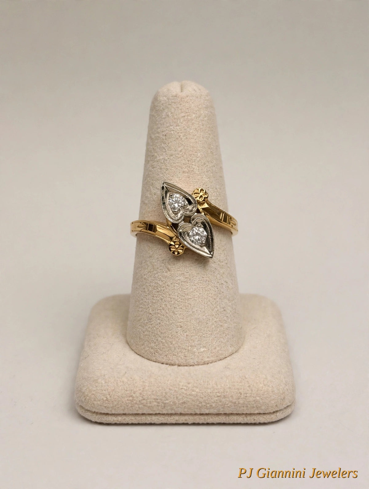 14K Two-Tone Gold Art Deco Diamond Double Heart Ring — Size 7.25
