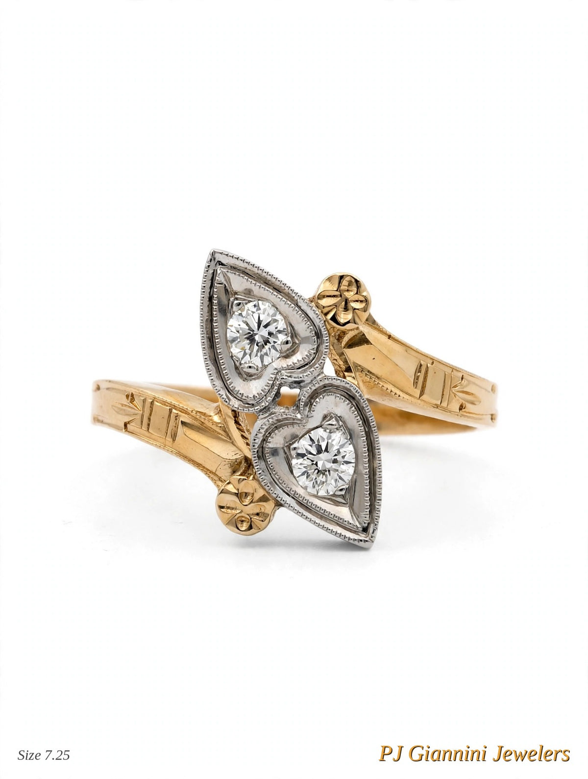 14K Two-Tone Gold Art Deco Diamond Double Heart Ring — Size 7.25