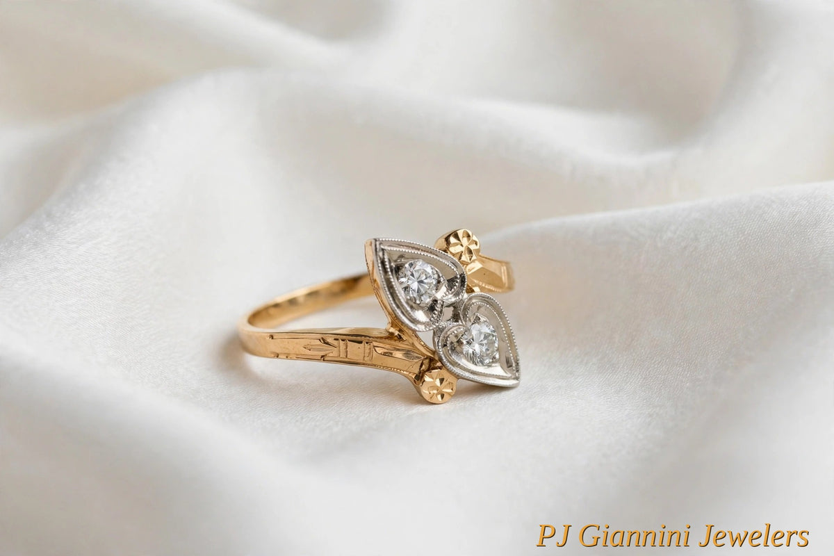 14K Two-Tone Gold Art Deco Diamond Double Heart Ring — Size 7.25