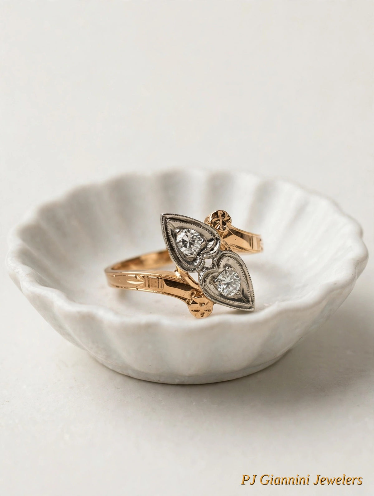 14K Two-Tone Gold Art Deco Diamond Double Heart Ring — Size 7.25
