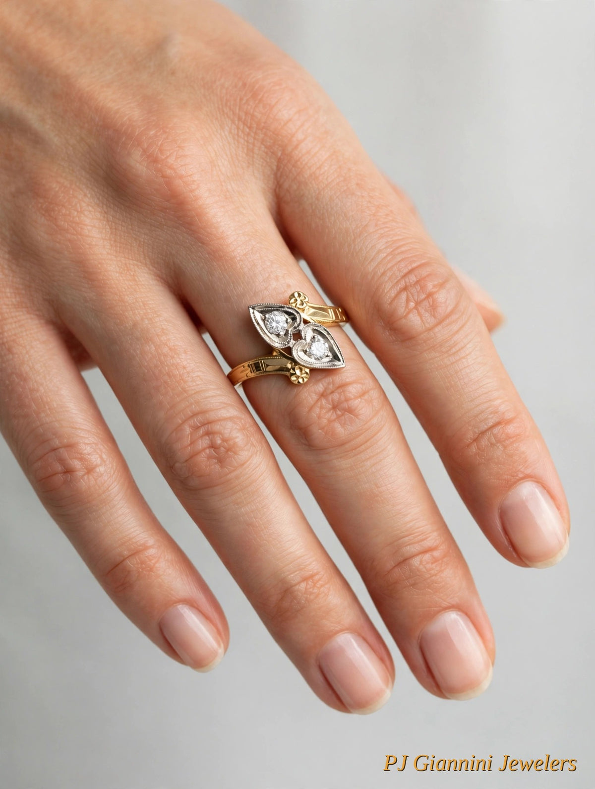 14K Two-Tone Gold Art Deco Diamond Double Heart Ring — Size 7.25